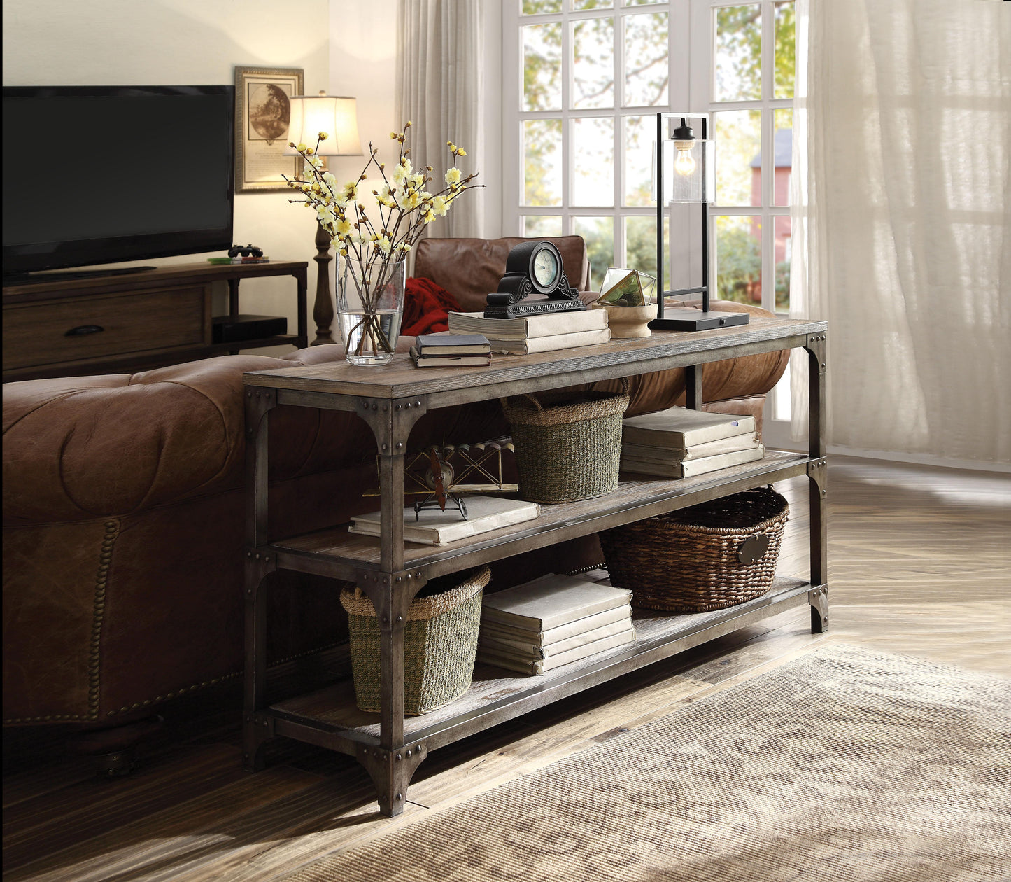 Acme Gorden Weathered Oak & Antique Silver Console Table