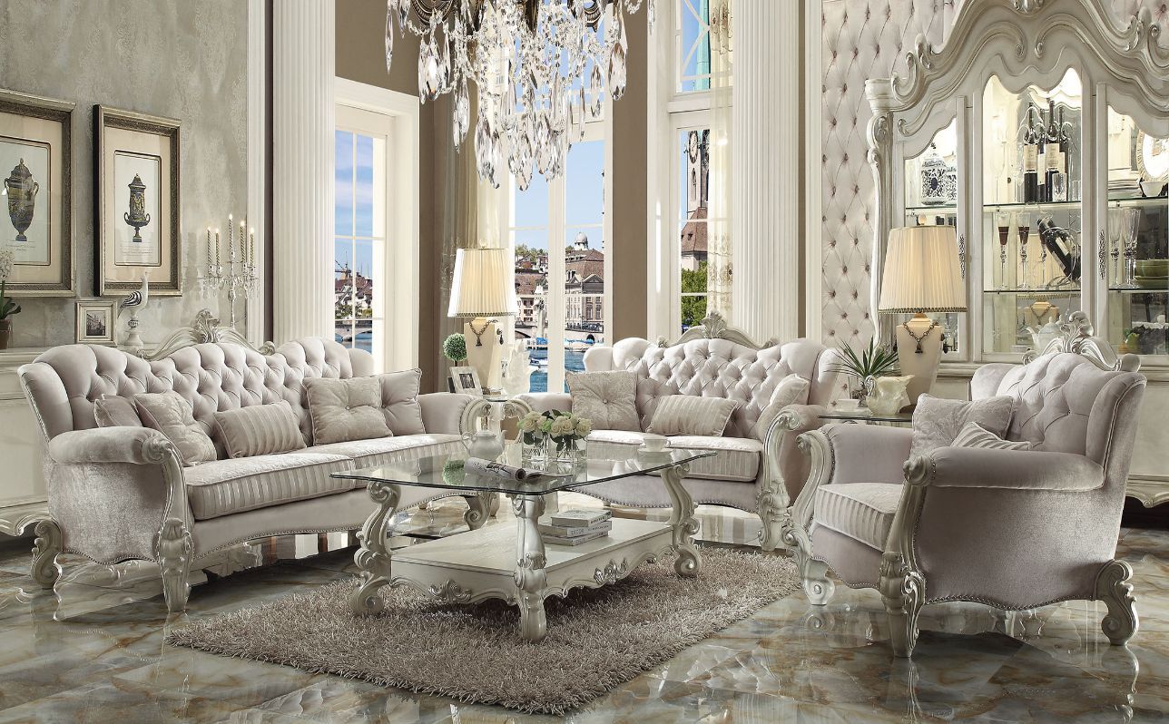 ACME Versailles Ivory Velvet Sofa with 5 Pillows