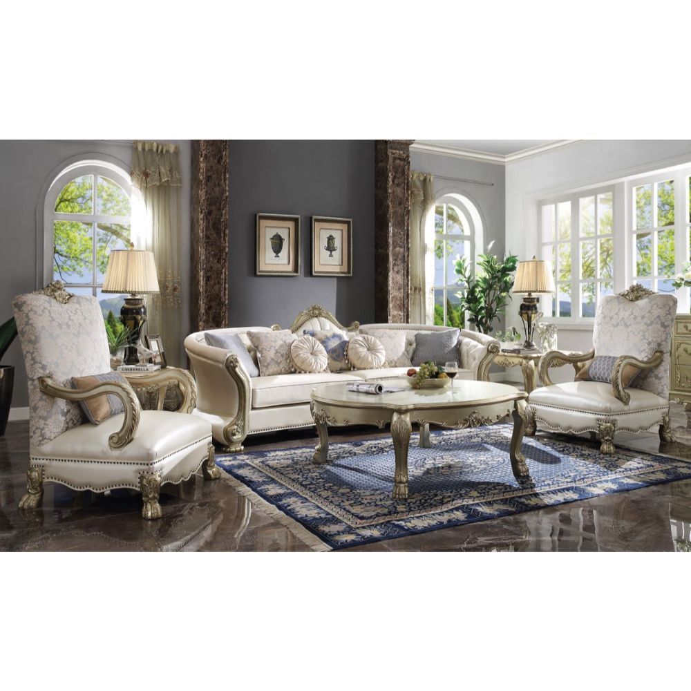 ACME Dresden II Sofa with 7 Pillows in Bone PU & Gold