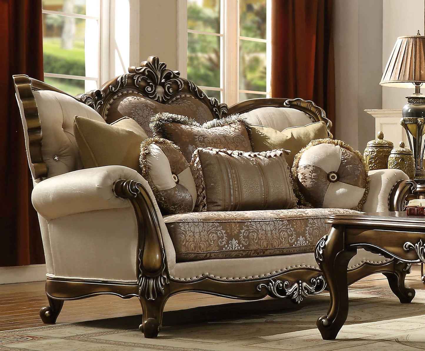 Acme Furniture Latisha Tan Antique Oak Loveseat with 5 Pillows