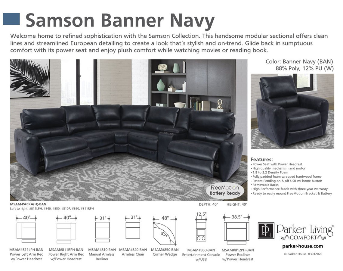 Parker House Samson Banner Navy Modular Power 6pc Reclining Sectional