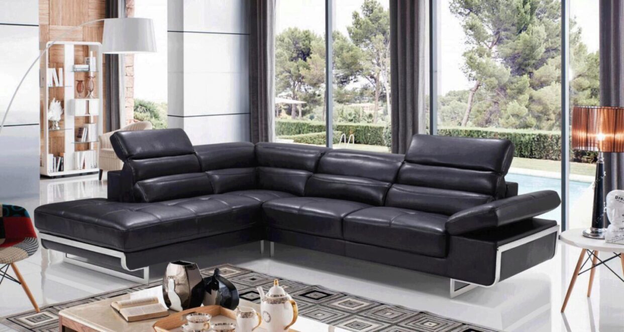 ESF 2347 Black Leather Sectional Sofa Left Hand Facing