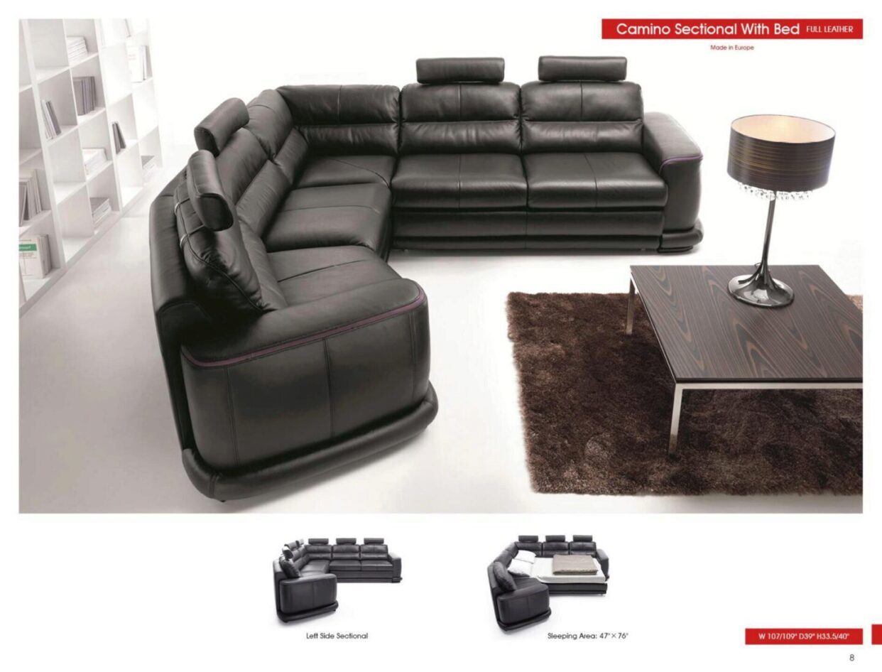 ESF Camino Black Italian Genuine Leather Sectional Sofa Bed