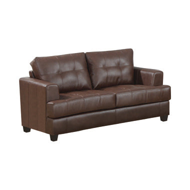 Coaster Samuel Tufted Loveseat Dark Brown| Padded breathable leatherette| Width: 67.5 in Depth: 37.75 in Height: 35.75 in
