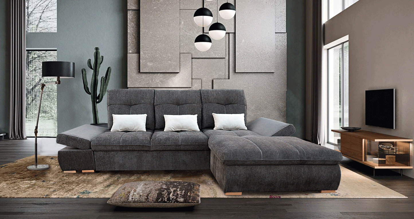 ESF Estero Sectional Sofa in Gray Fabric w/Bed & Storage