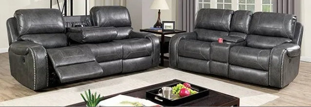 Furniture of America WALTER POWER SOFA  Leatherette, Solid Wood, Sofa w, Cup holders in Drop-down Table, USB Outlets and Nailhead Trim
