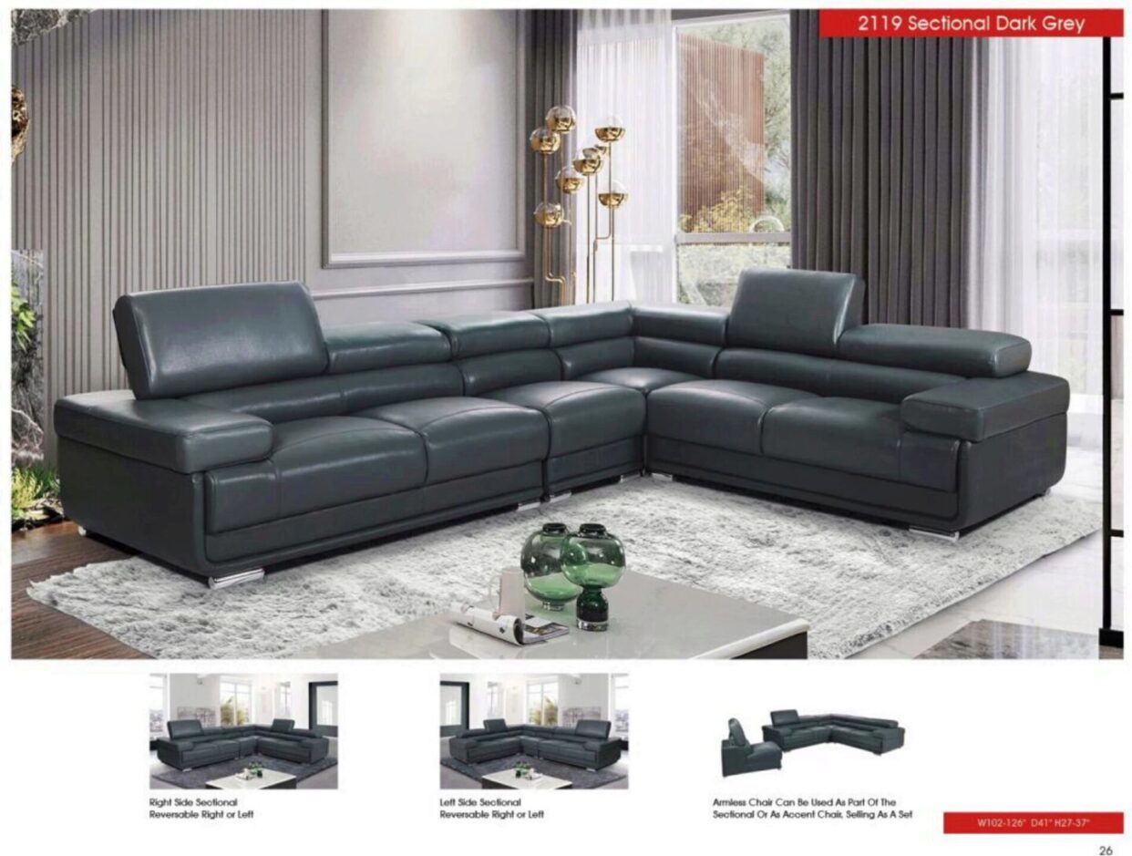 ESF 2119 Dark Grey Top-grain Leather Sectional Sofa