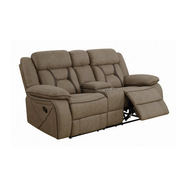 Coaster Higgins Pillow Top Arm Motion Loveseat With Console Tan |Width: 75 in Depth: 39 in Height: 41 in | Performance faux suede