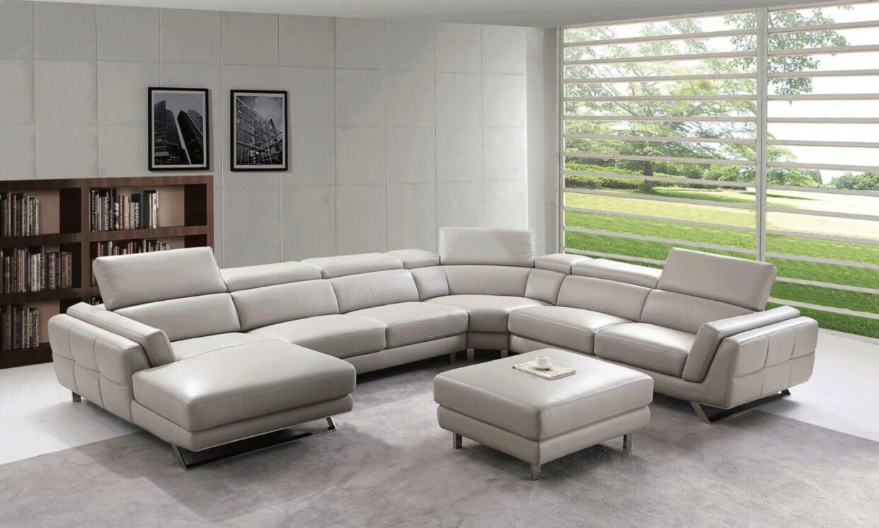 ESF 582 Light Grey Top-grain Leather Sectional Sofa LEFT