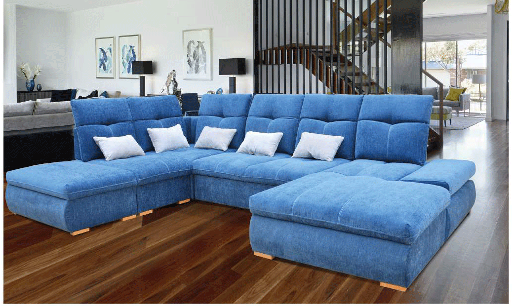 ESF Opera Fabric U-Shape Sectional Sofa w/Bed and Storage, Blue