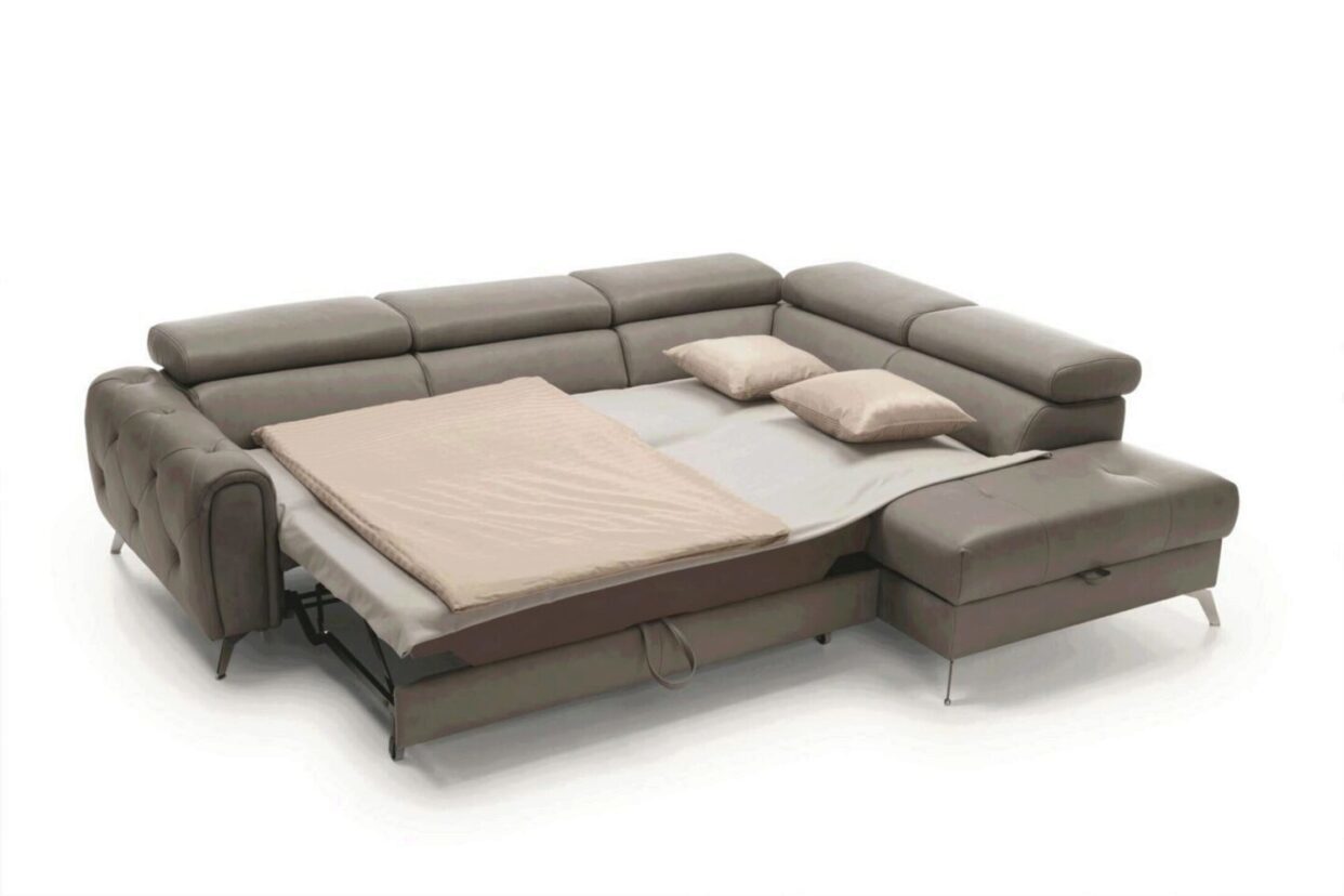 ESF Camelia Modern Grey Italian Genuine Leather Sectional Sofa Bed/Storage