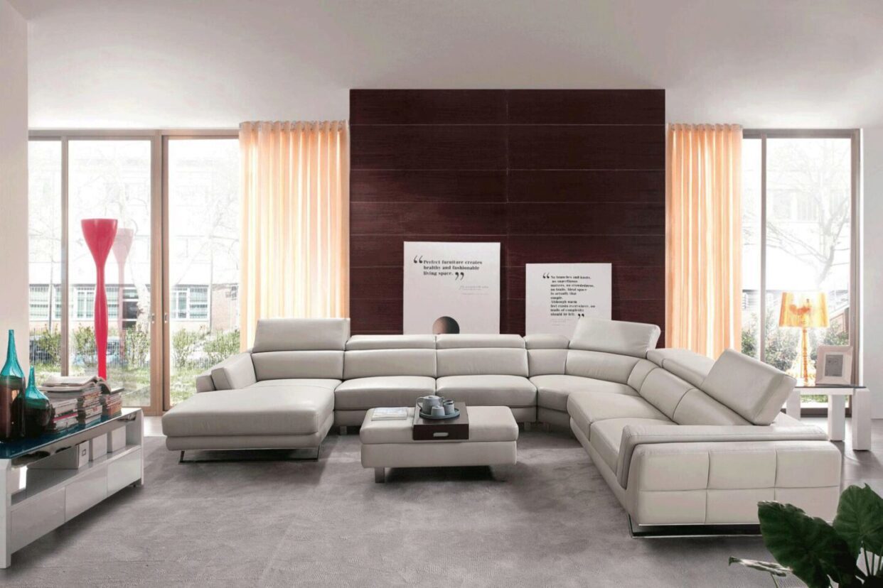 ESF 582 Light Grey Top-grain Leather Sectional Sofa LEFT