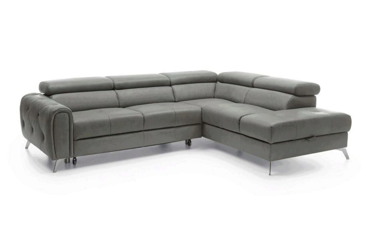 ESF Camelia Modern Grey Italian Genuine Leather Sectional Sofa Bed/Storage