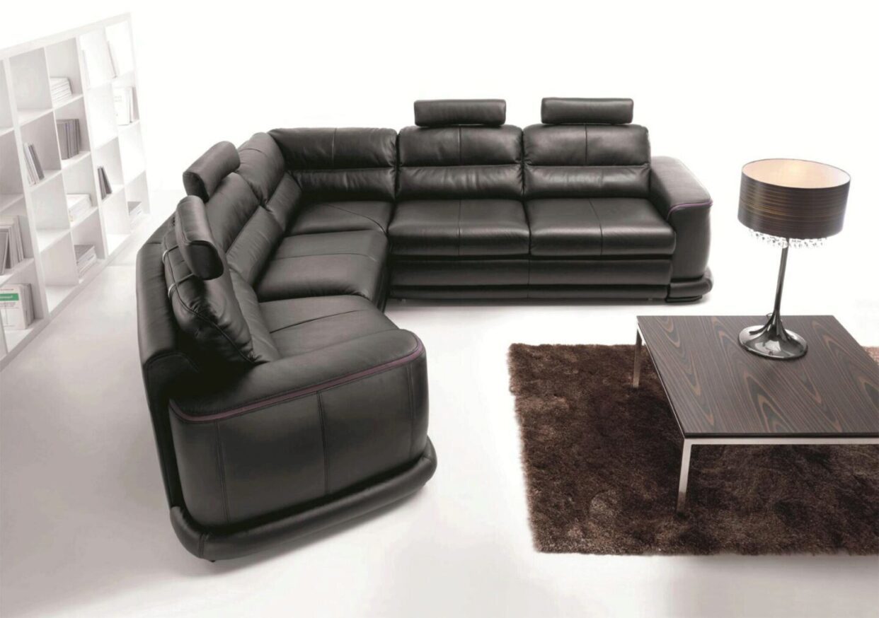 ESF Camino Black Italian Genuine Leather Sectional Sofa Bed