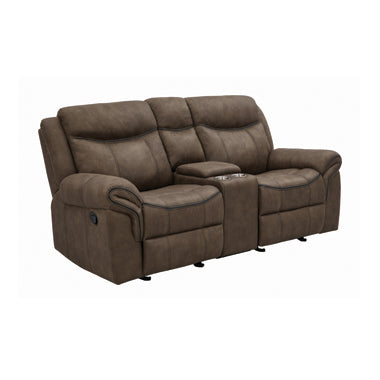 Coaster Sawyer Glider Loveseat With Console Macchiato |Performance faux suede