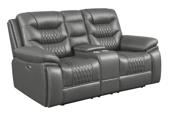 Coaster Flamenco Tufted Upholstered Power Loveseat With Console Charcoal |Width: 78.25 in Depth: 39 in Height: 40.75 in | Breathable performance leatherette