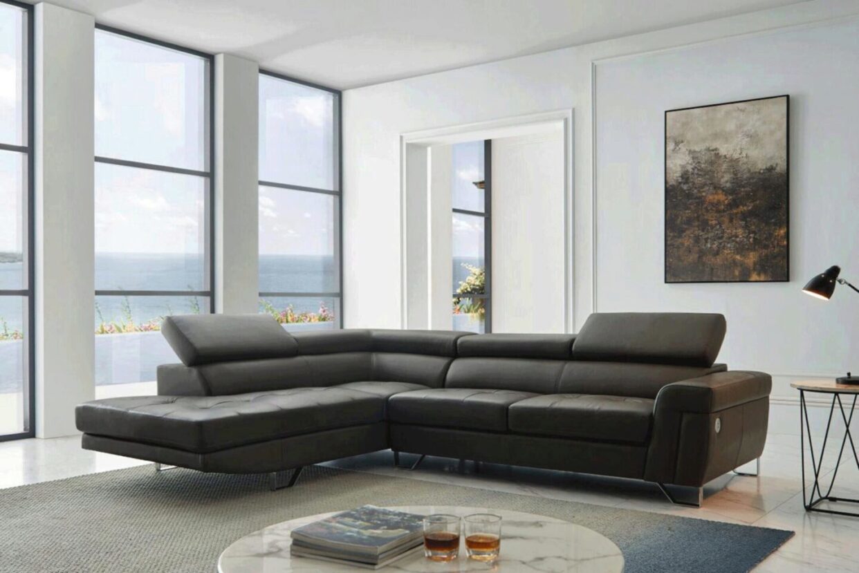 ESF 1807 Dark Gray Top-grain Leather Sectional Sofa
