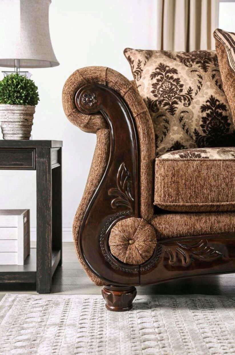 Furniture of America TILDE LOVE SEAT Brown Welting, Rolled Arms With Wood Trim & Bun Feet Pillows Included