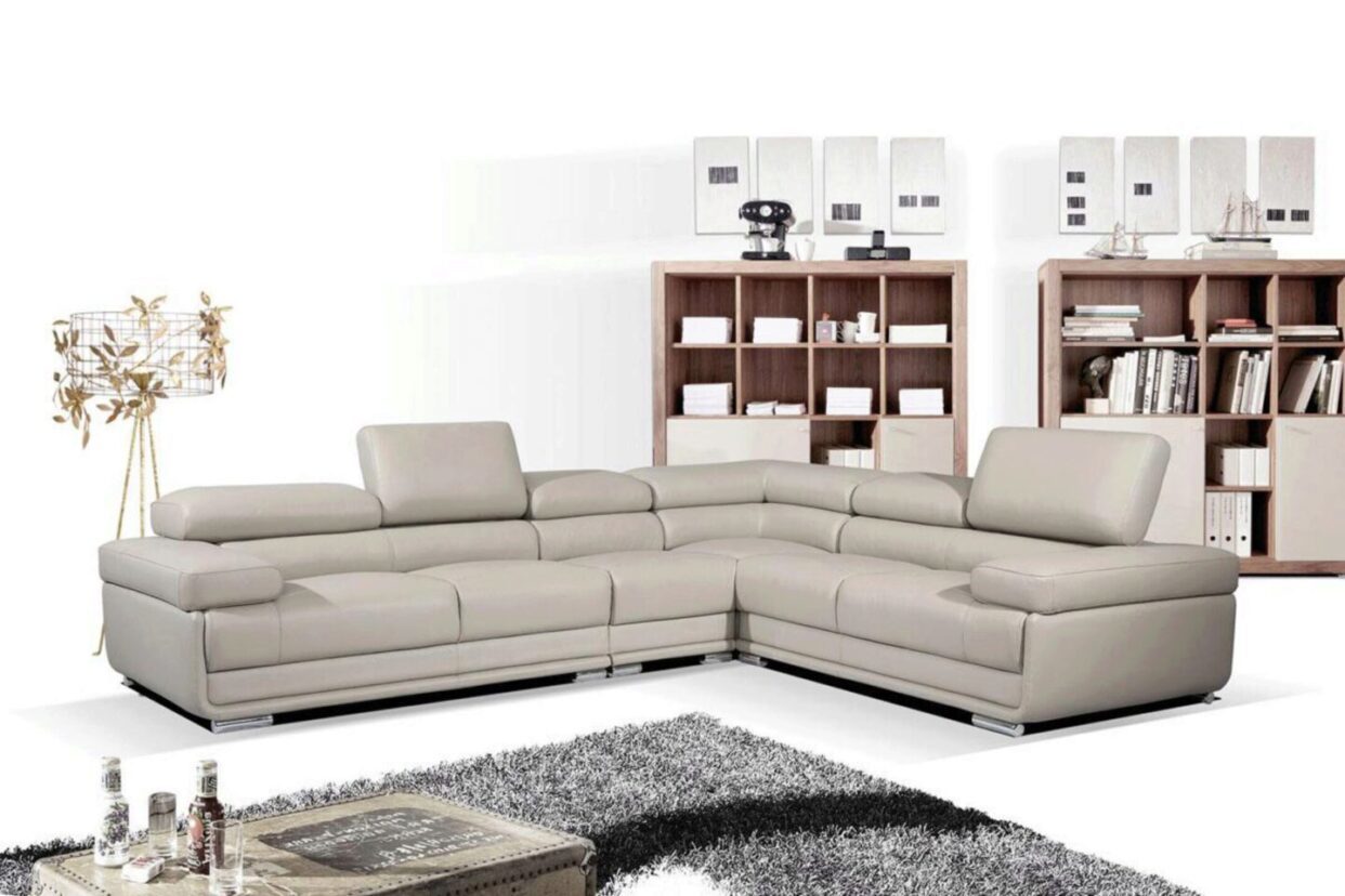 ESF 2119 Light Grey Top Grain Leather Sectional Sofa