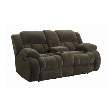 Coaster Weissman Motion Loveseat With Console Chocolate |Width: 79 in Depth: 41 in Height: 40 in |Padded textured fleece