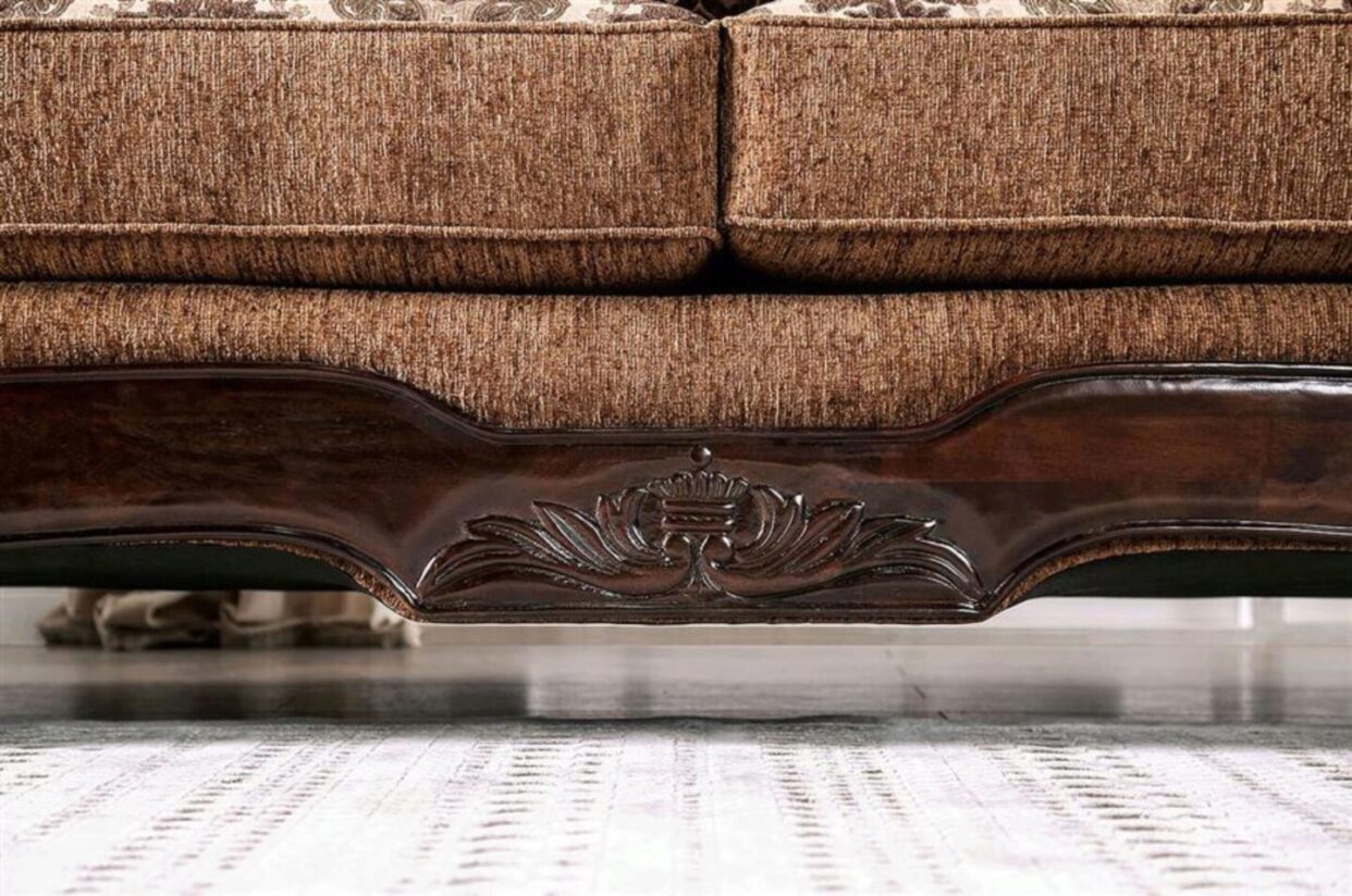 Furniture of America TILDE LOVE SEAT Brown Welting, Rolled Arms With Wood Trim & Bun Feet Pillows Included