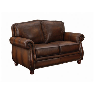 Coaster Montbrook Rolled Arm Loveseat Hand Rubbed Brown| 100% leather|Width: 63 in Depth: 36.5 in Height: 41 in