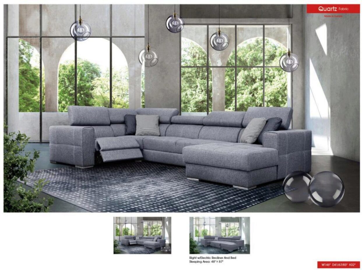 ESF Grey Fabric Quartz Modern Sectional Right w/Electric Recliner & Bed Contemporary