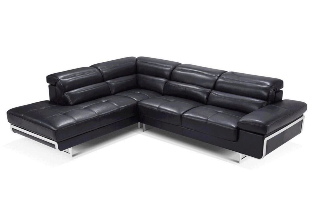 ESF 2347 Black Leather Sectional Sofa Left Hand Facing