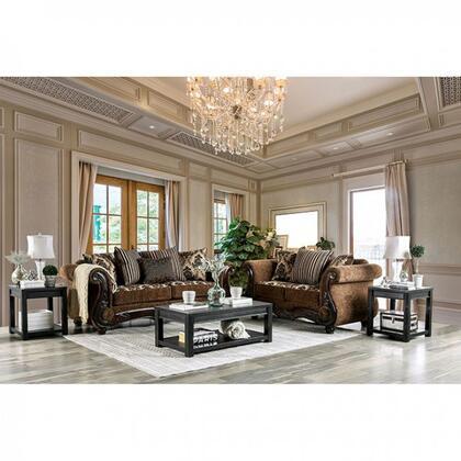 Furniture of America TILDE LOVE SEAT Brown Welting, Rolled Arms With Wood Trim & Bun Feet Pillows Included