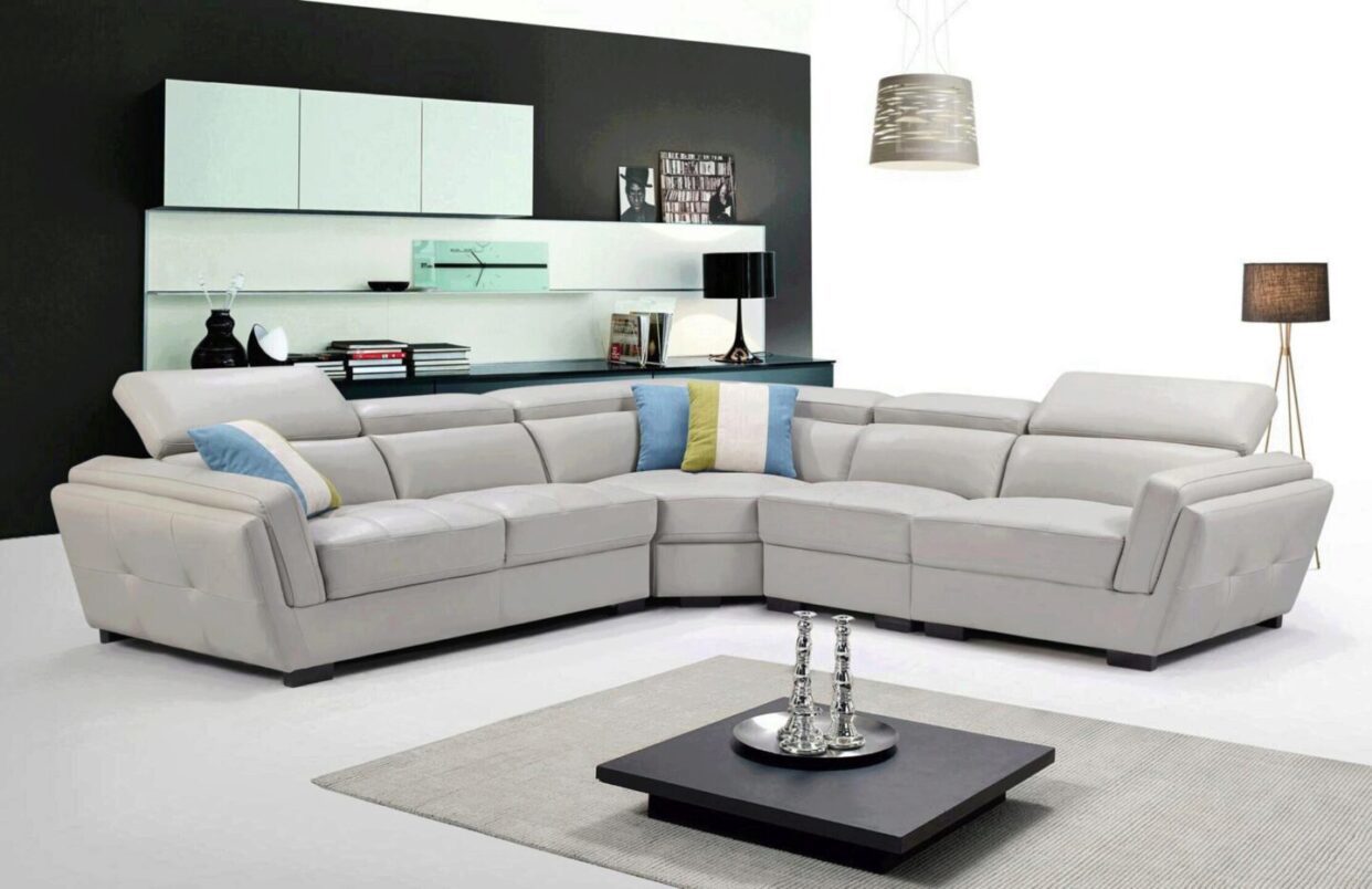 ESF 2566 Light Grey Top-grain Leather Modular Sectional Sofa