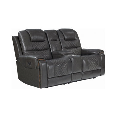 Coaster North Cushion Back Power^2 Loveseat With Console Grey| Leather/PVC| Width: 76 in Depth: 40 in Height: 42 in
