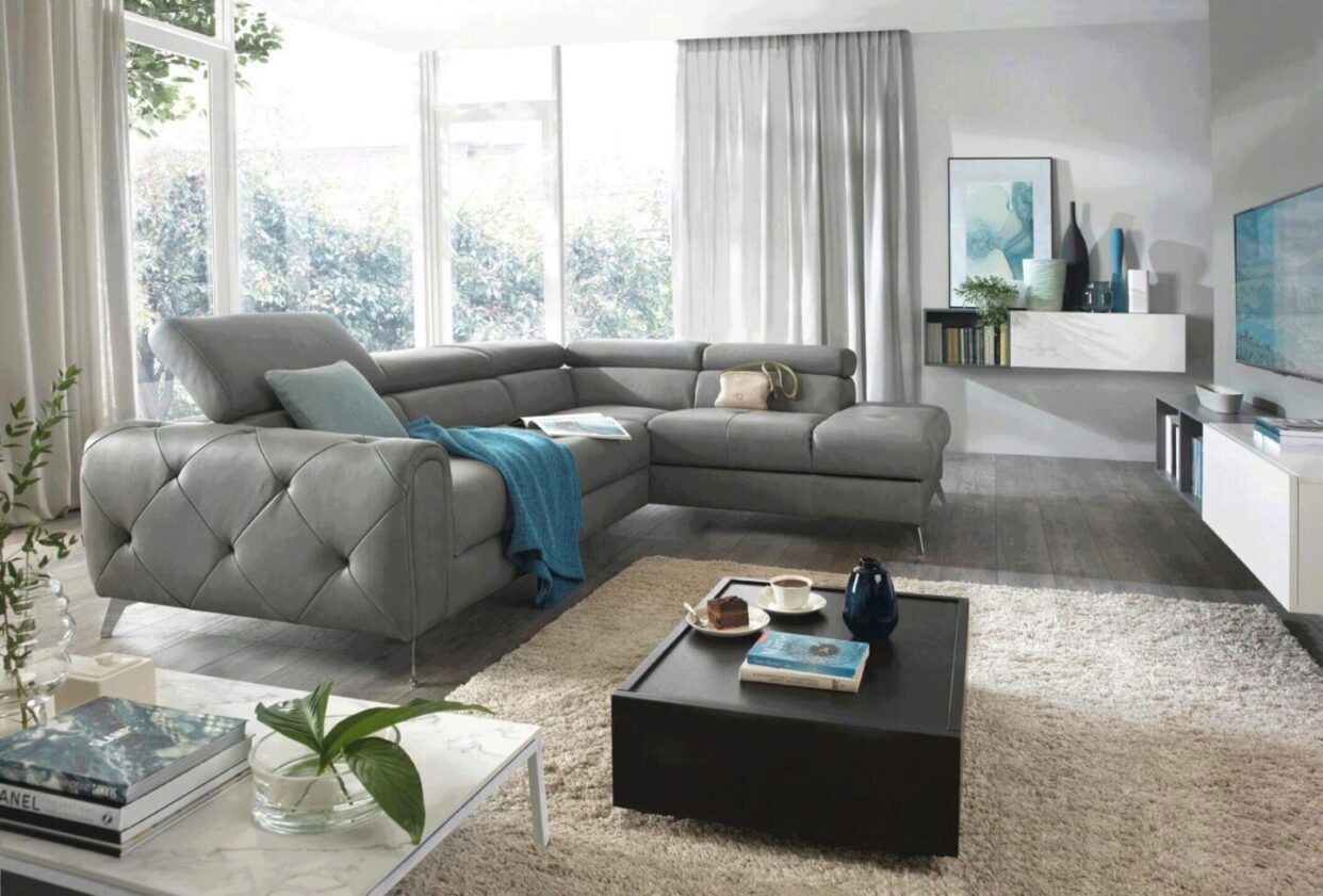 ESF Camelia Modern Grey Italian Genuine Leather Sectional Sofa Bed/Storage