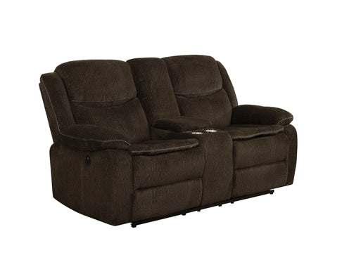 Coaster Jennings Upholstered Motion Loveseat With Console Brown |Width: 74.5 in Depth: 36.5 in Height: 40.25 in | Performance Chenille