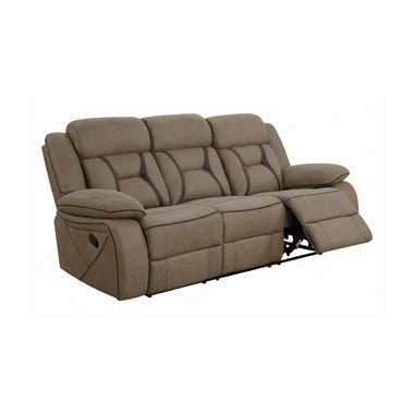 Coaster Higgins Pillow Top Arm Upholstered Motion Sofa Tan |Width: 84 in Depth: 39 in Height: 41 in |Performance faux suede