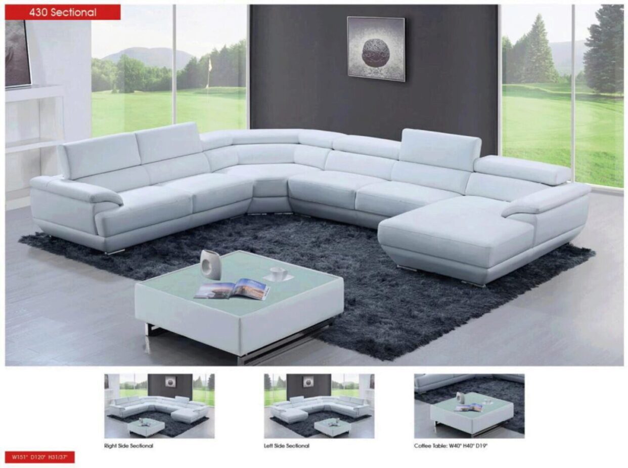 ESF 430 Pure White Top-grain Leather Sectional Modern Sofa