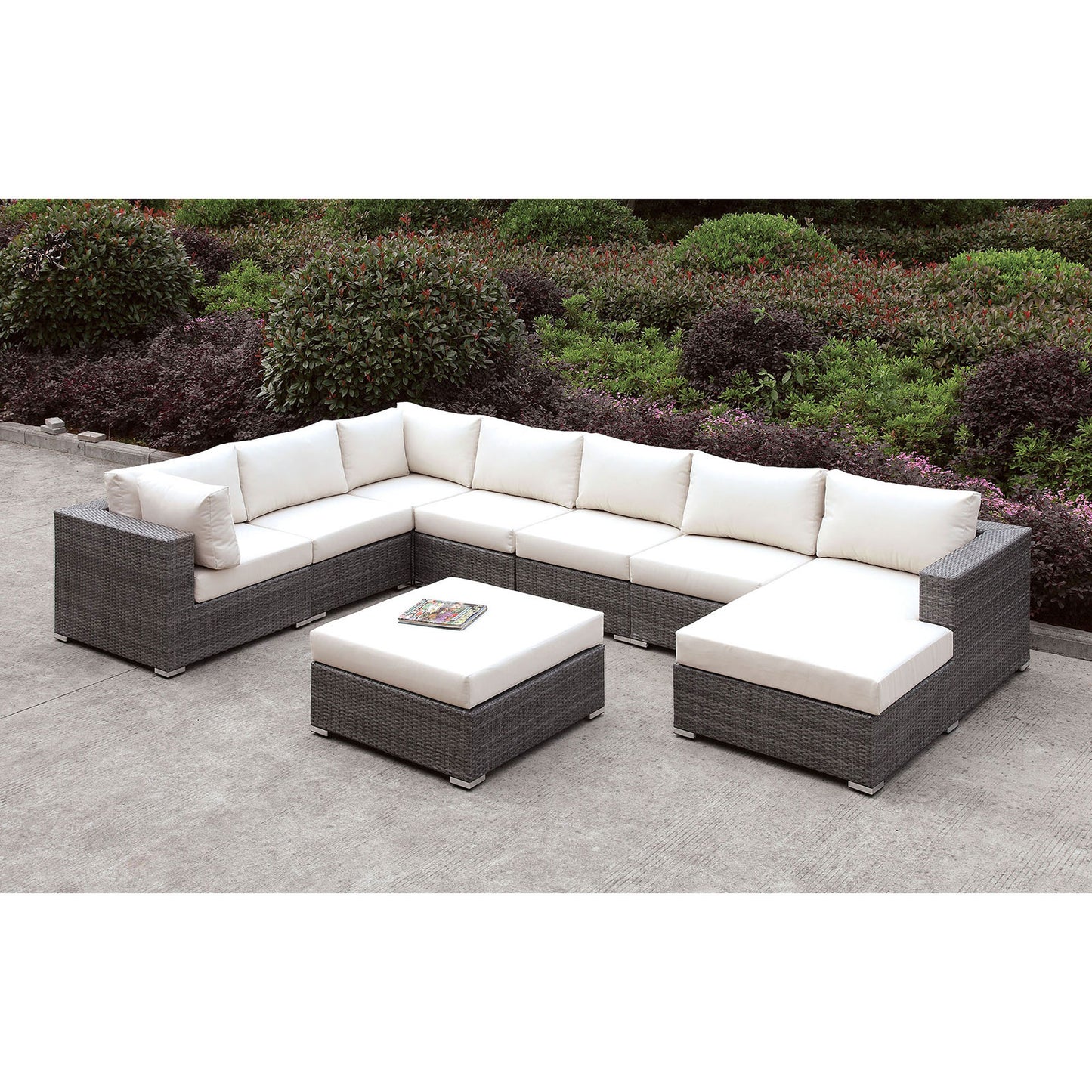 Furniture of America Somani Light Gray Wicker/Ivory Cushion U-Sectional + Ottoman