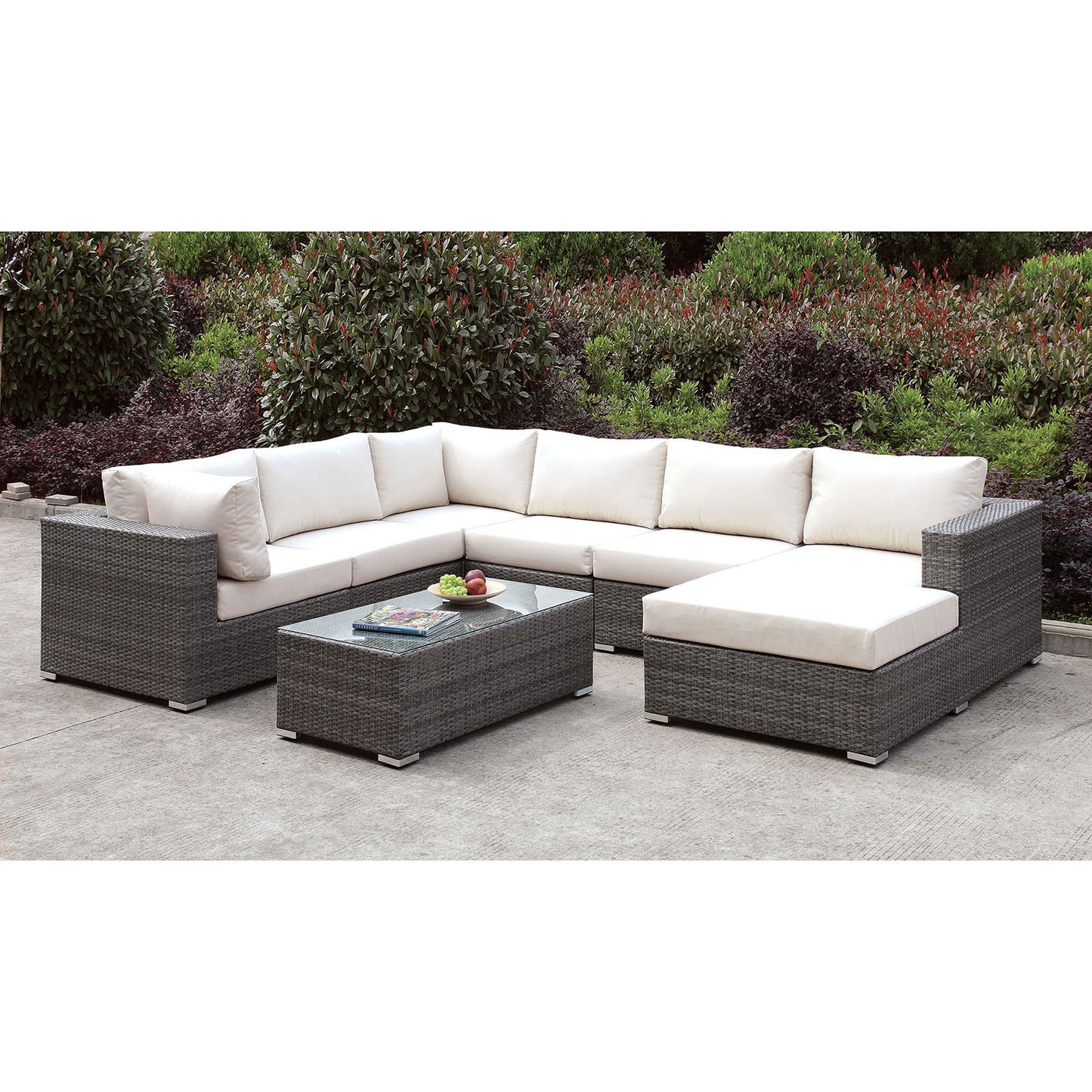 Furniture of America Somani Light Gray Wicker/Ivory Cushion U-Sectional + Coffee Table