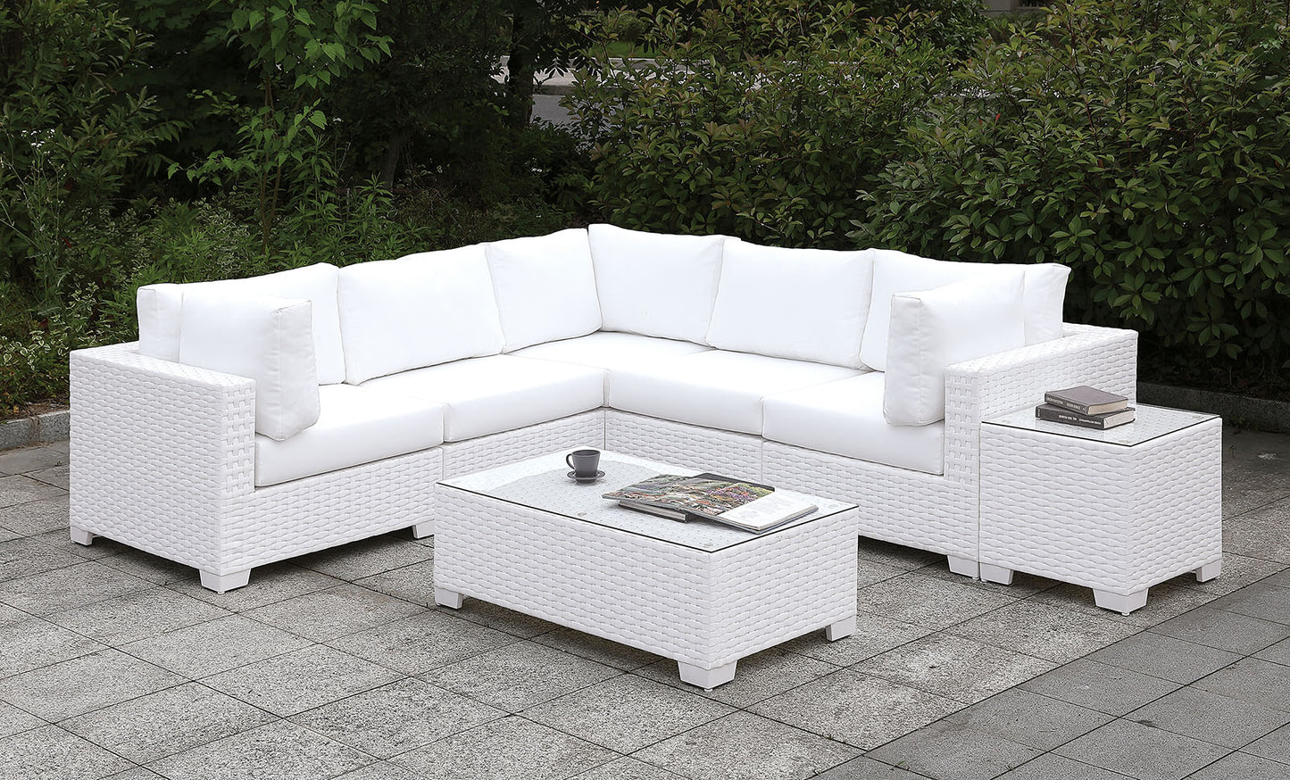 Furniture of America Somani Light Gray Wicker/Ivory Cushion U-Sectional + Ottoman