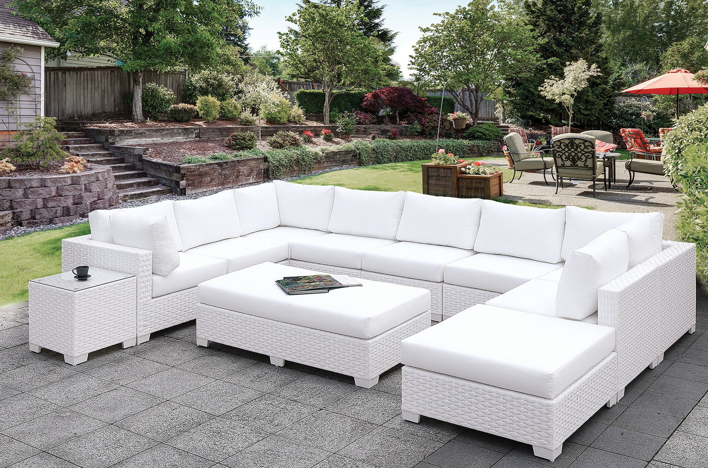 Furniture of America Somani Light Gray Wicker/Ivory Cushion L-Sectional + Ottoman