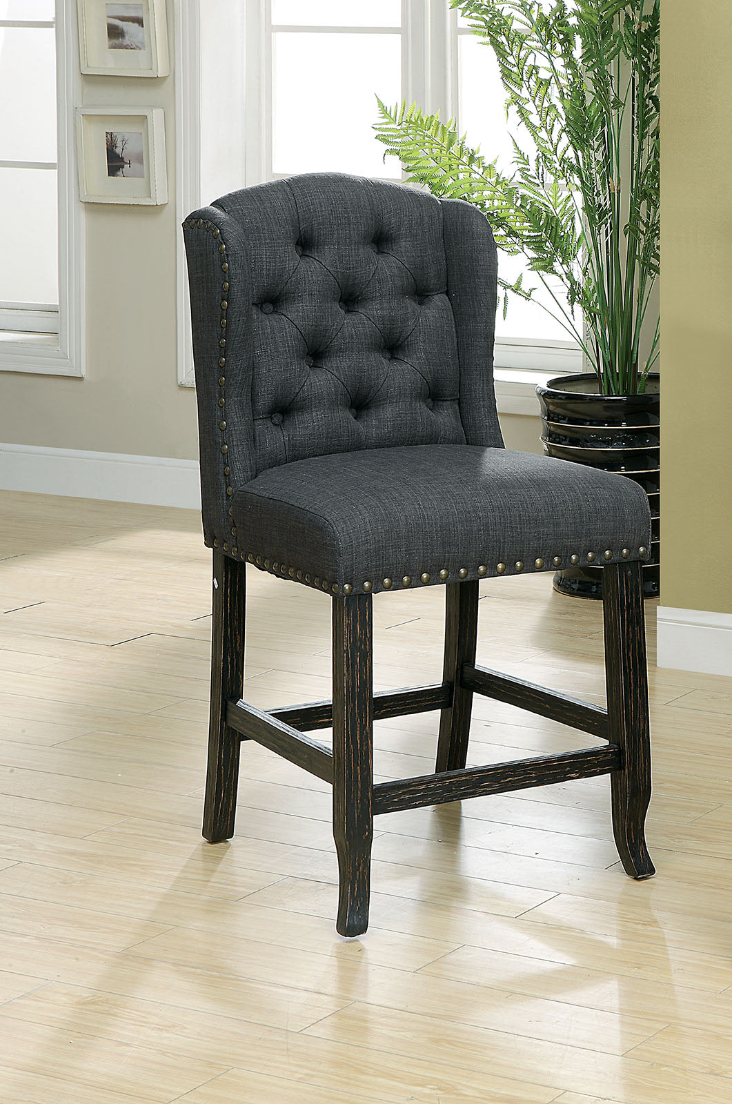 Furniture of America SANIA Antique Black Counter Ht. Wingback Chair (2/CTN)