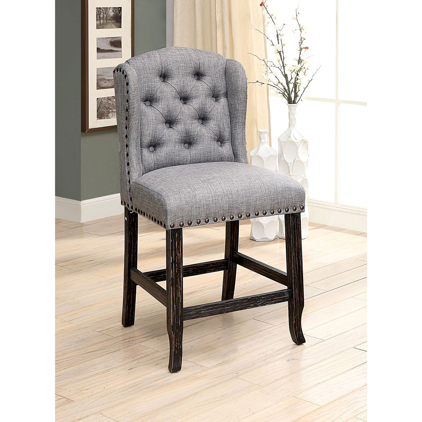 Furniture of America SANIA Antique Black Counter Ht. Wingback Chair (2/CTN)