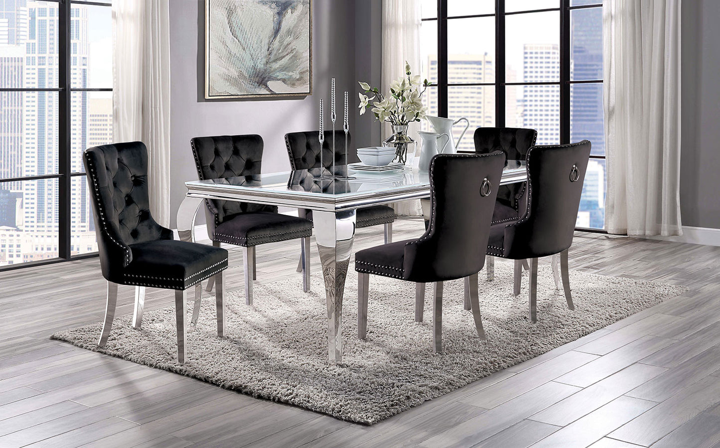 Furniture of America NEUVEVILLE 7 Pc. Dining Table Set, Black Chairs