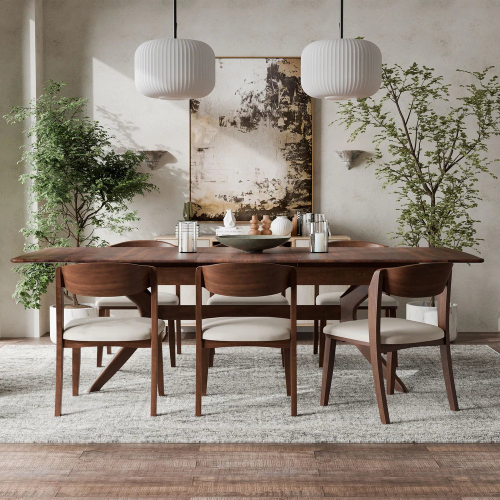 Furniture of America Abigail IV Mid-Century Modern 7-Piece Rich Walnut Solid Wood Extendable Dining Set with Self-Storing Leaf