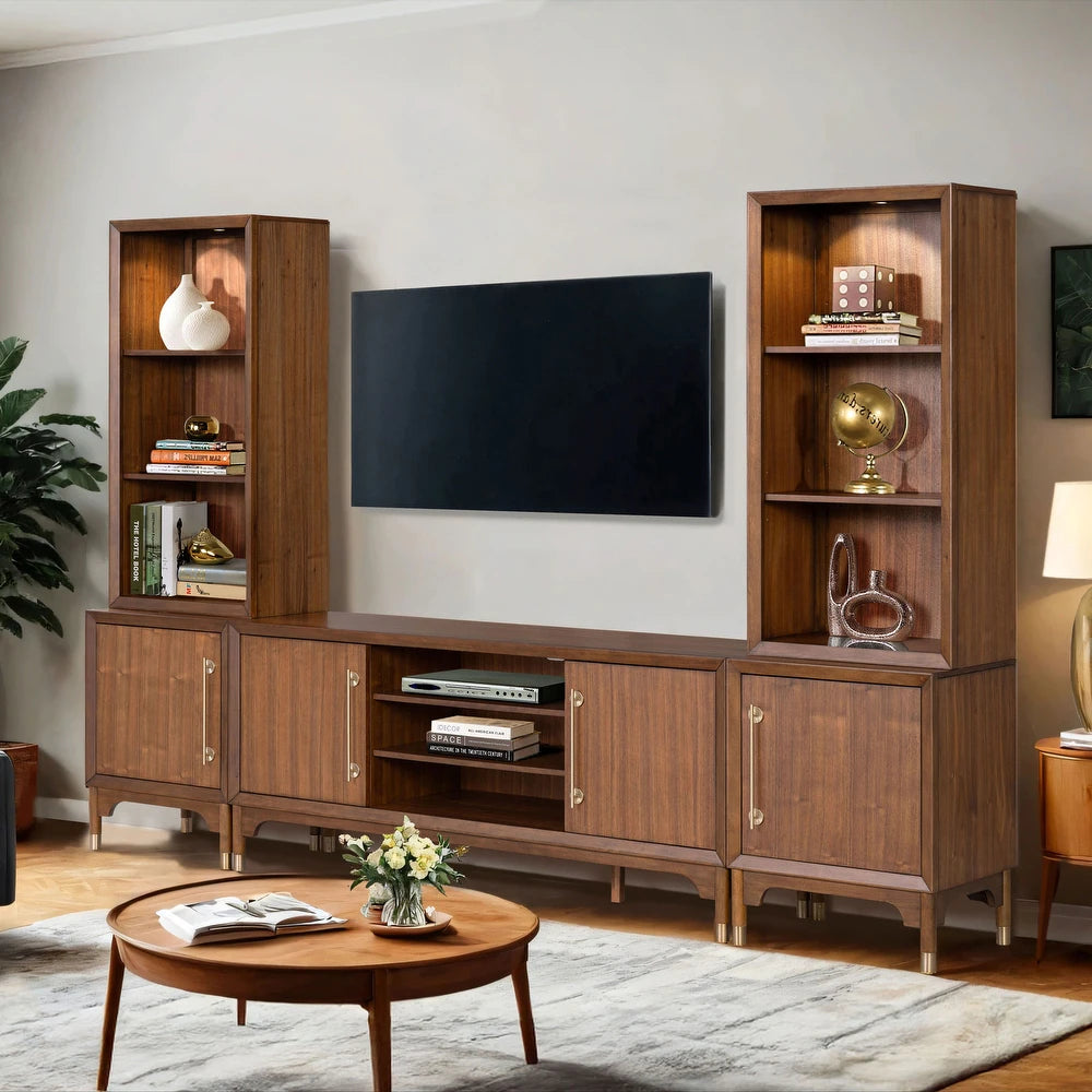 Furniture of America Forma Mid-Century Modern Walnut 5-Piece 118-inch Entertainment Center with LED Lights and 21 Shelves