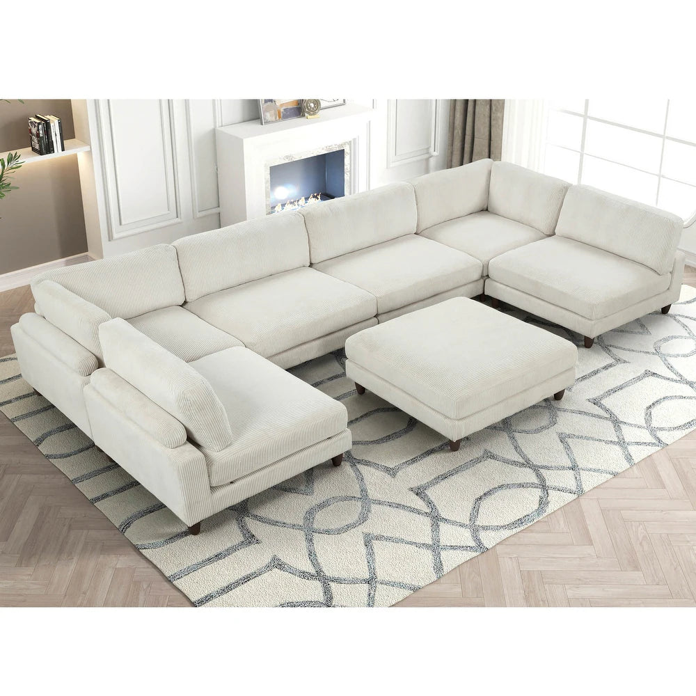 Furniture of America Sienta Modern 7-Piece Corduroy Modular Sectional Set with Ottoman