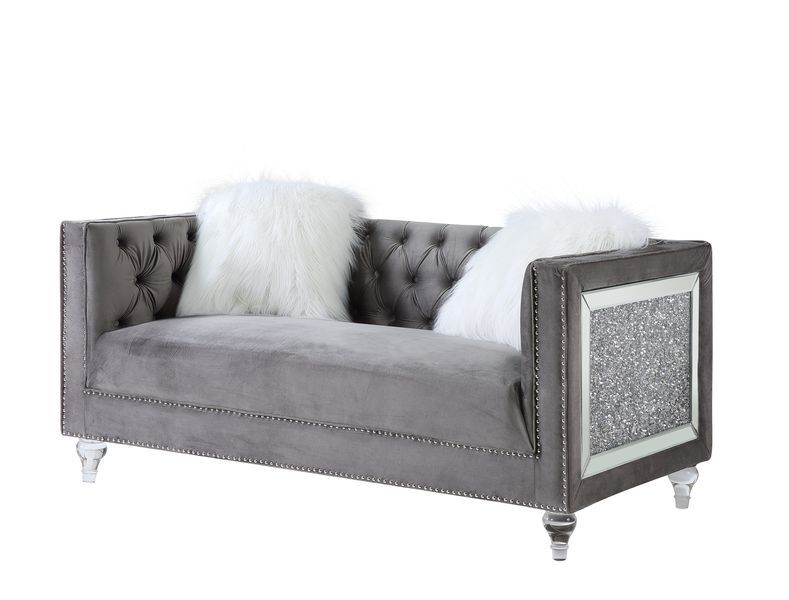 ACME  HeiberoII Loveseat With 2 Pillows Gray Velvet