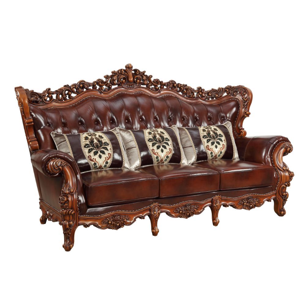 ACME Eustoma Sofa with 3 Pillows in Cherry Top Grain Leather Match and Walnut