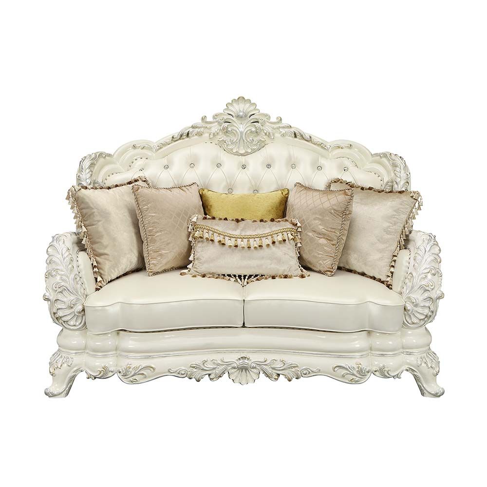 ACME Adara Loveseat with 5 Pillows White PU & Antique White Finish