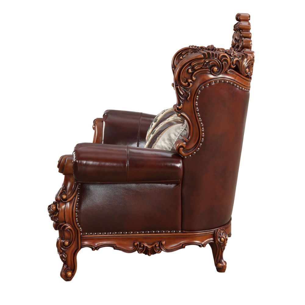 ACME Eustoma Loveseat with 2 Pillows in Cherry Top Grain Leather Match and Walnut