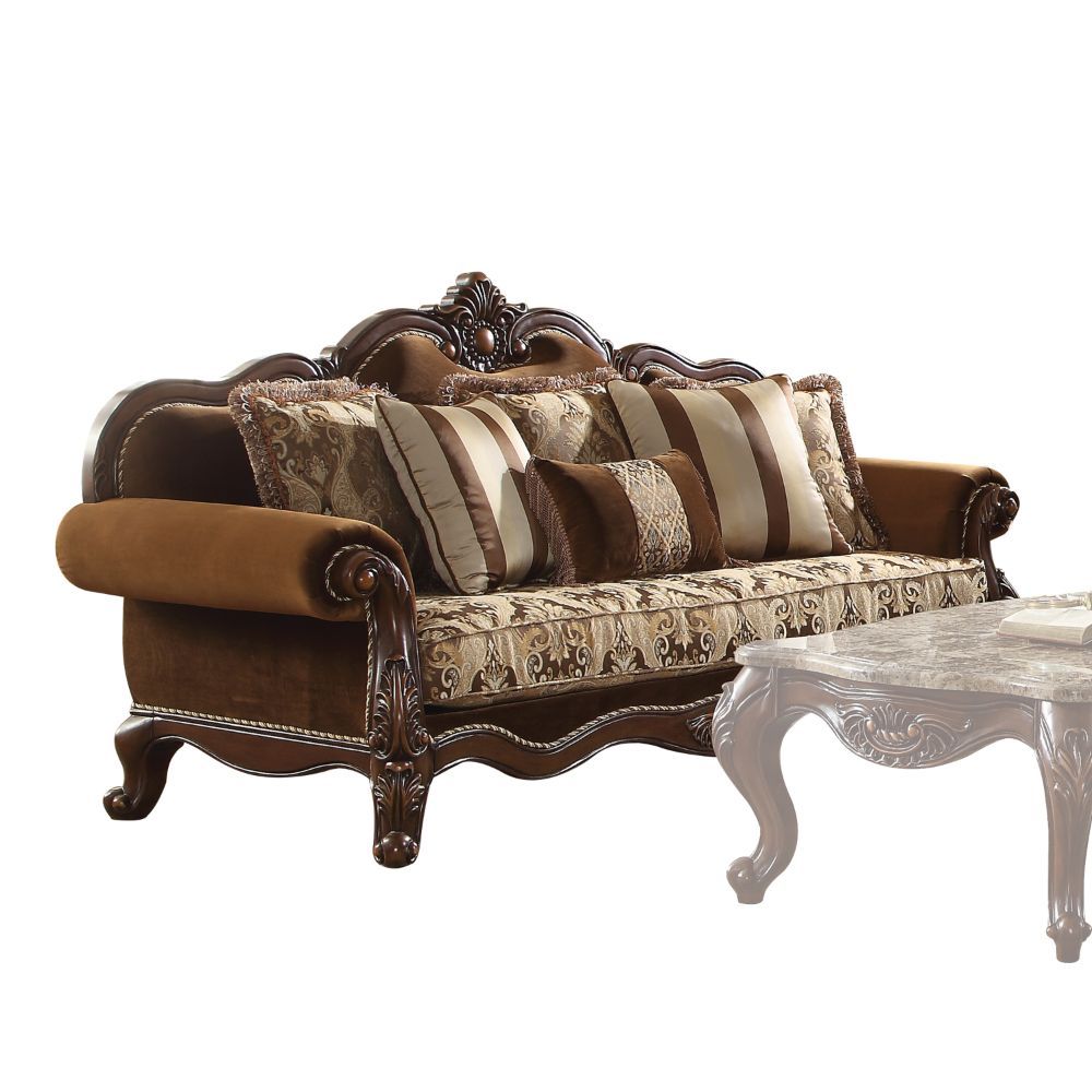 ACME Jardena Sofa with 6 Pillows in Fabric and Cherry Oak Finish